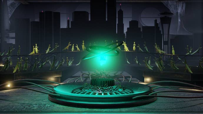 An advanced society of mantises crowd round an energy core in Aperture Desk Job