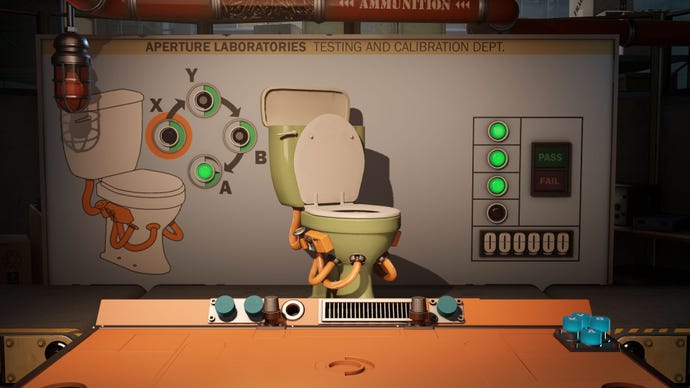 The player character does mechanical consumer testing on a toilet in Aperture Desk Job