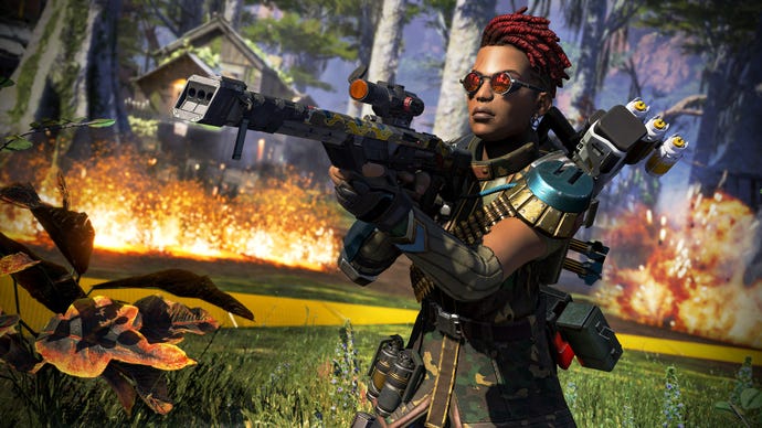 An Apex Legends screenshot of Bangalore using a Triple Take with an Optic attachment.