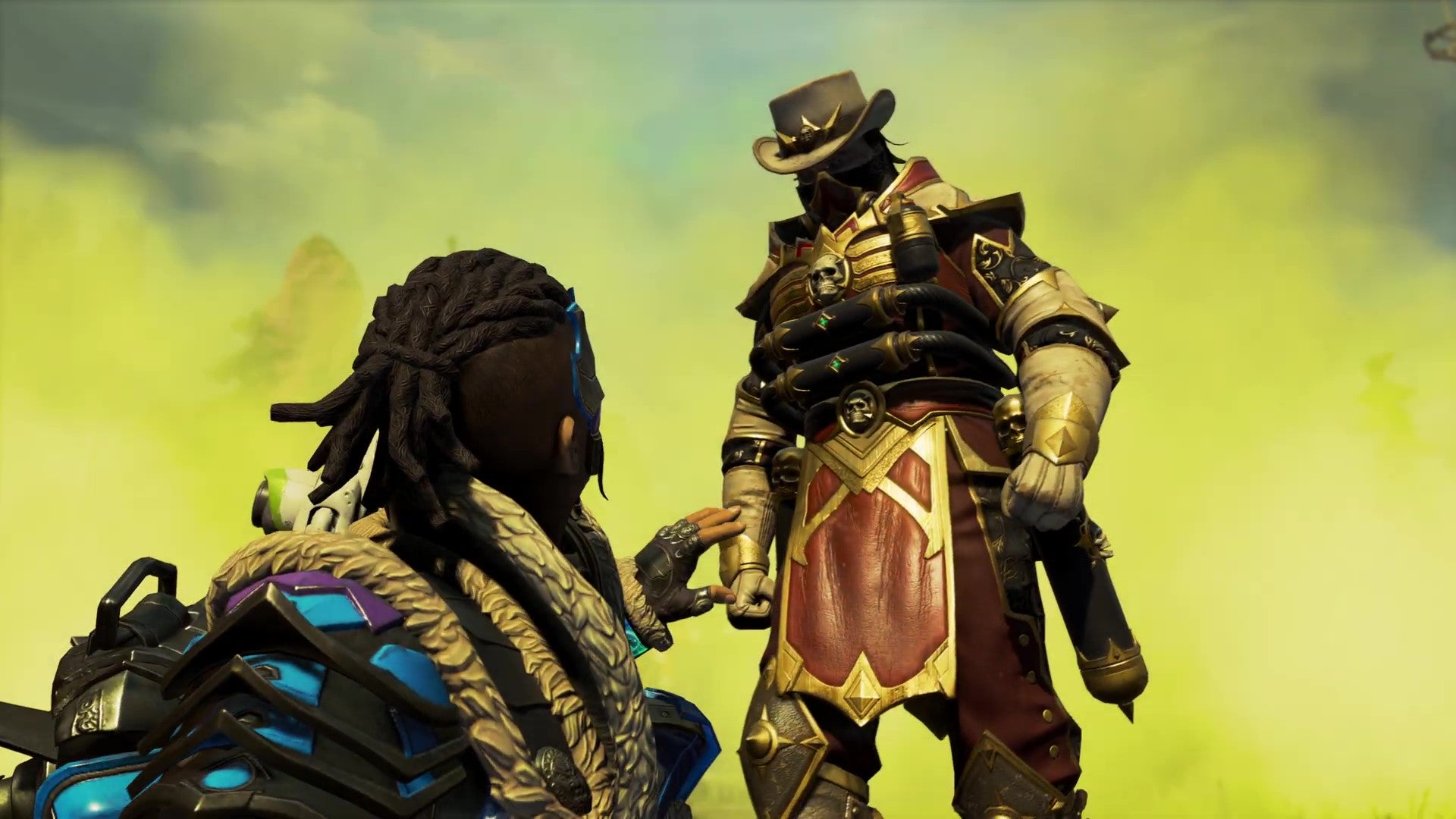 Caustic surrounded by gas and standing over a poor Legend in Apex Legends' Chaos Theory Collection Event.