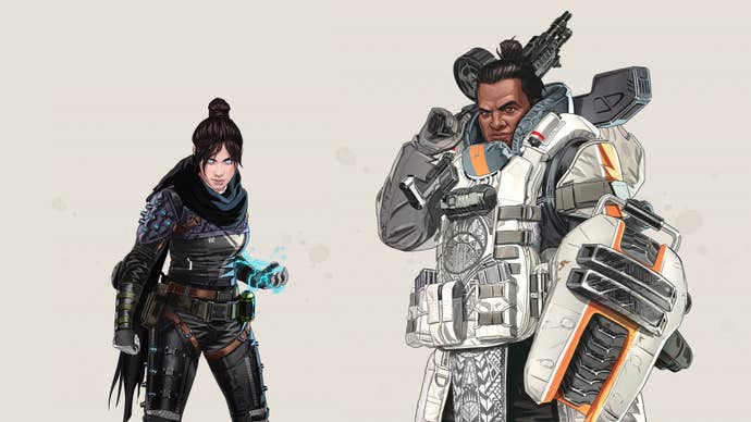 Official art of Wraith, a Legend with the Low Profile perk, next to Gibraltar, a Legend with the Fortified perk.