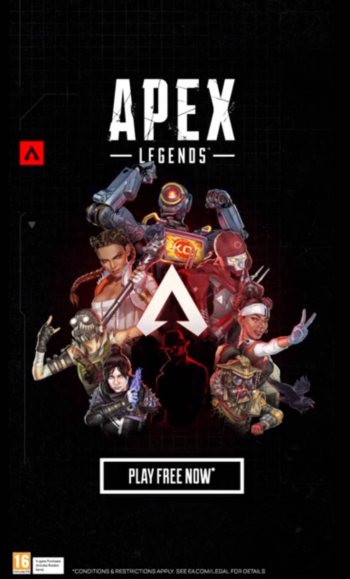 An Apex Legends vertically oriented mobile phone ad. A tiny PEGI-16 logo is in the bottom left corner, next to a box with content descriptors that are so fuzzy as to be illegible