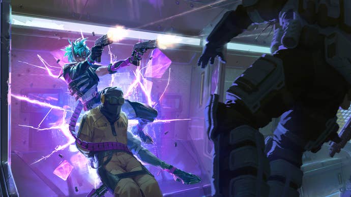 apex legends alter concept art by xiao yang of Alter raiding a facility and shooting guards.
