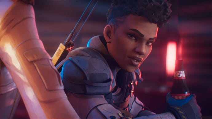 Bangalore drinks a beer at a bar in Apex Legends.