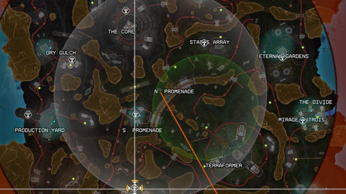 Apex Legends, the Broken Moon map is showing the highlighted inner circle for the next Ring Location.