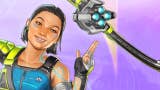 Promotional artwork showing Apex Legends' latest hero, a dark-haired young woman named Conduit, smiling cheekily at the camera.
