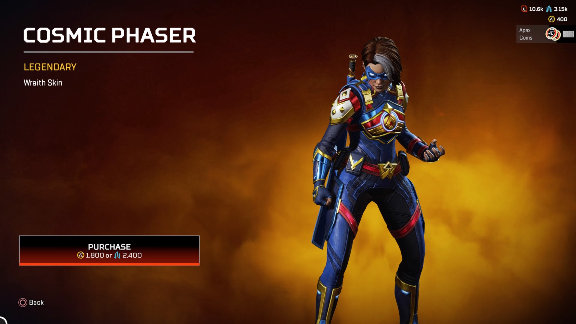 Apex Legends, Cosmic Phaser Legendary Wraith Skin.