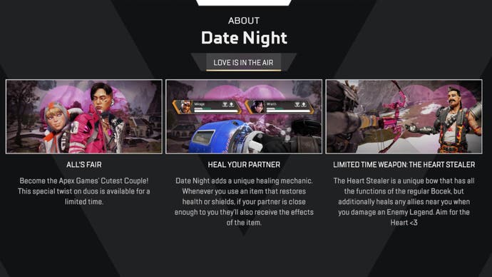 Apex Legends, Date Night Duos Takeover information screen.