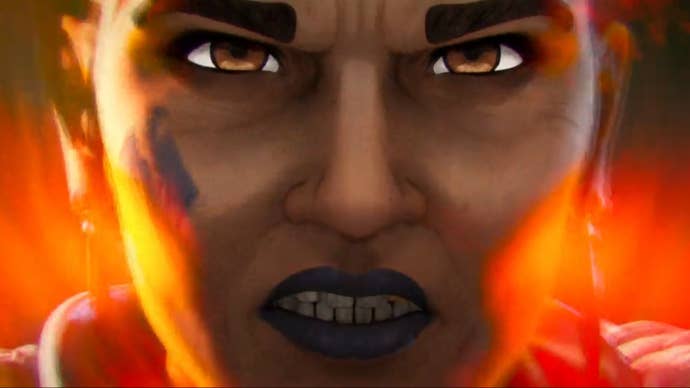 A close-up of Mad Maggie’s angry face in the Apex Legends Defiance launch trailer.