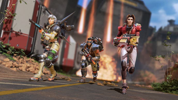 apex legends ff event key art wattson valkyrie and newcastle advancing with weapons