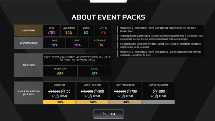 apex legends final fantasy rebirth event pack details showing pricing, discounts and probabilities of different tiers being found.