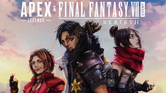 apex legends final fantasy vii rebirth event official key art by Tetsuya Nomura showing Horizon Crypto and Wraith in their crossover Skins