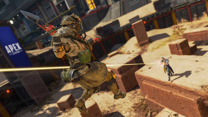 A character jumps towards Ballistic with a blade raised while dodging bullets in Apex Legends