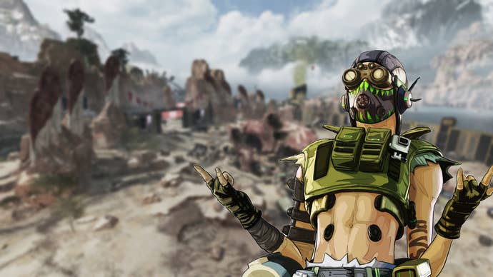 A blurred out version of King’s Canyon map in the background, with Apex Legends character Octane in the foreground, doing the metal devil horns emote with his hands.