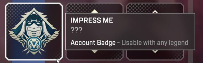 A screenshot of the “Impress Me” badge in Apex Legends, given to players who complete the holo spray challenge.