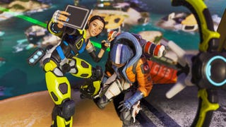 A screenshot from Apex Legends' 19th season showing new playable hero Conduit posing for a selfie next to Wattson.