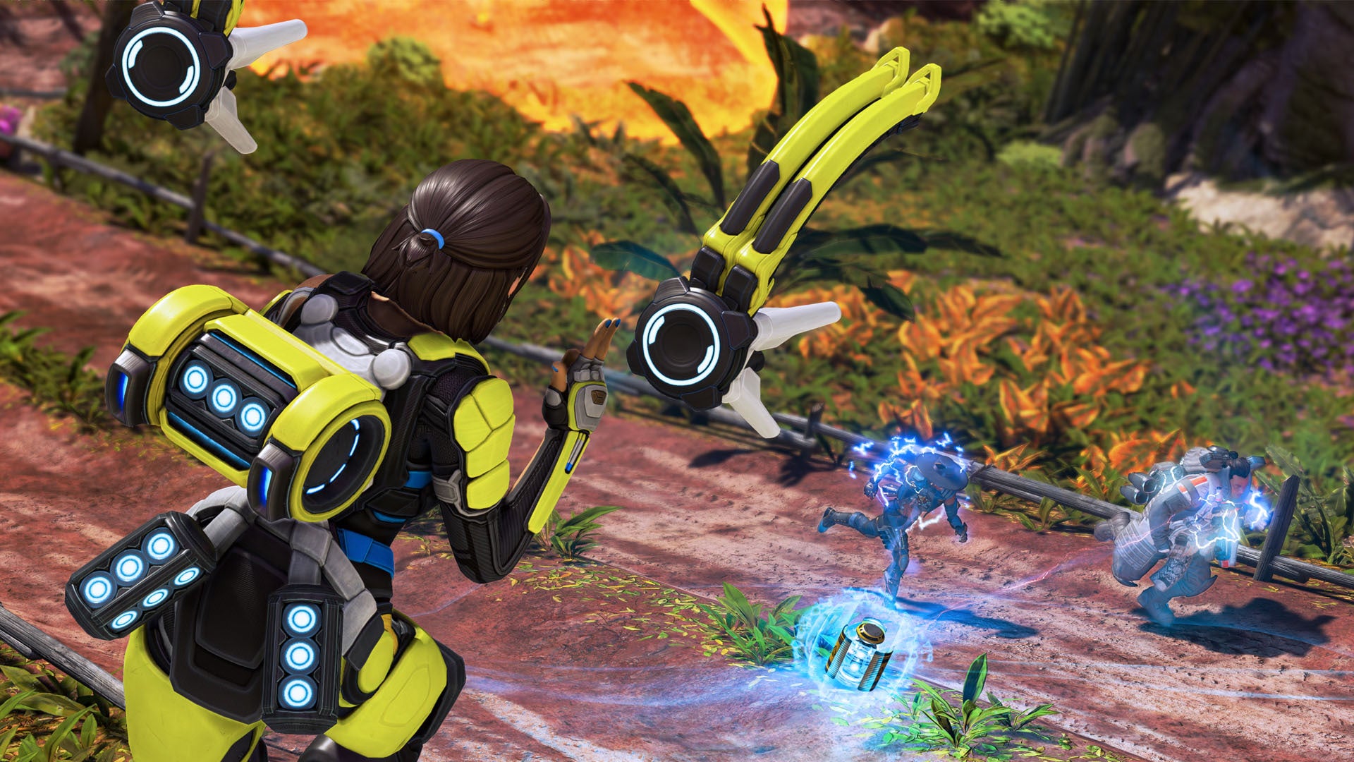 apex legends official respawn artwork of conduit using her ultimate to damage two enemy legends.