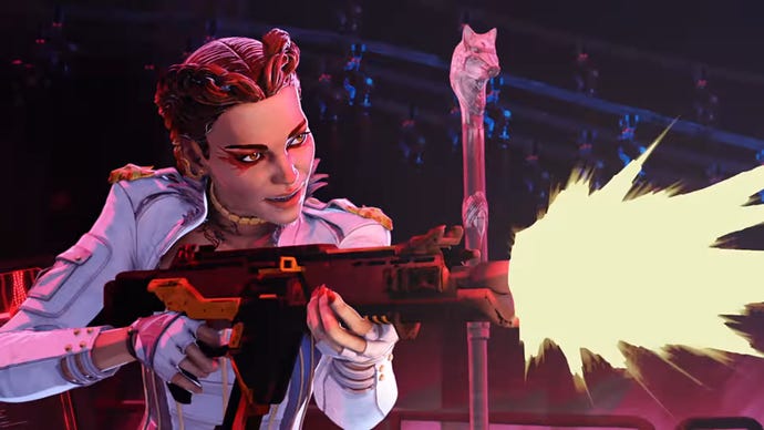 Loba fires an Assault Rifle off-screen in Apex Legends.