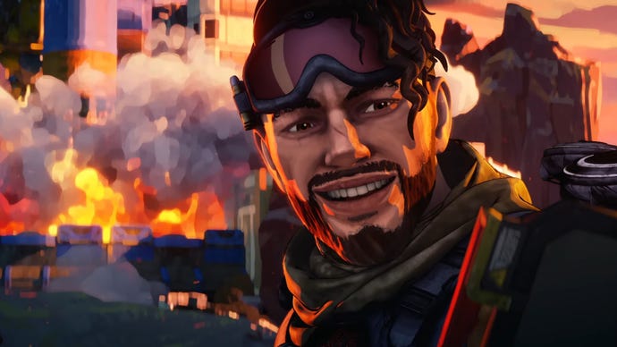 Mirage takes a photo of himself in front of an explosion in Apex Legends.