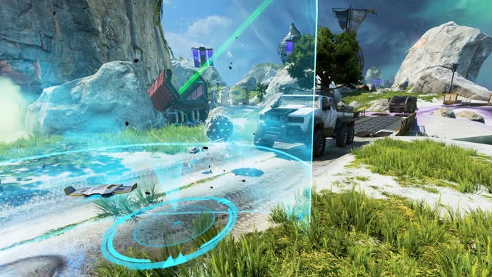 Newcastle in Apex Legends places down his Mobile Shield to reflect Mad Maggie’s Wrecking Ball.