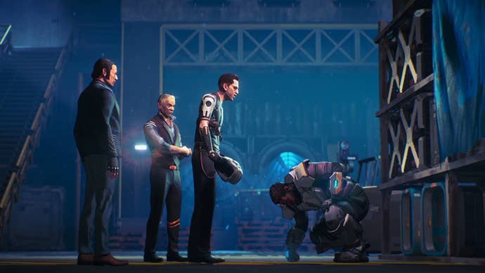 A still from the Apex Legends Stories From The Outlands: Hero trailer. The old Newcastle kneels, injured, before a group of thugs working for a shady organisation in his hometown.