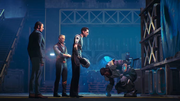 A still from the Apex Legends Stories From The Outlands: Hero trailer. The old Newcastle kneels, injured, before a group of thugs working for a shady organisation in his hometown.