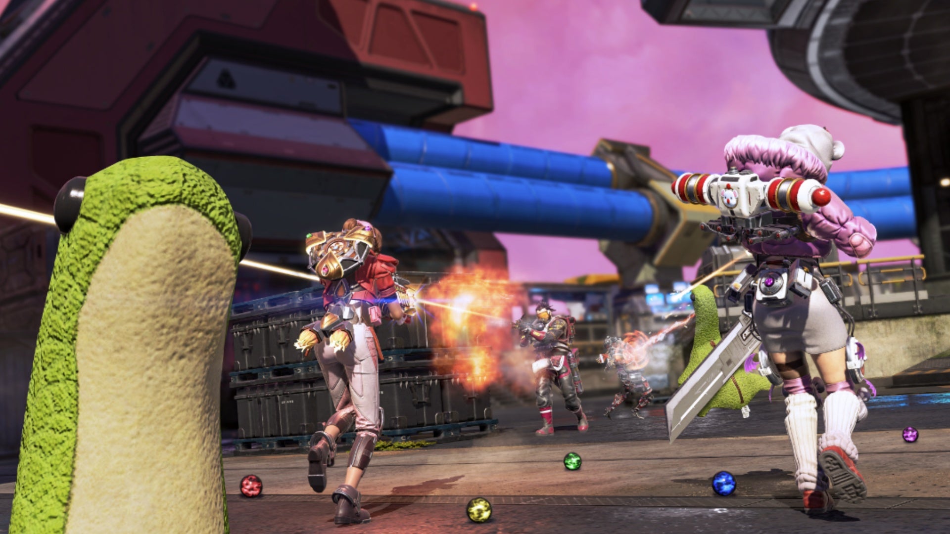 apex legends official ff event key art legends fighting by materia drops on ground with nessie plush on left