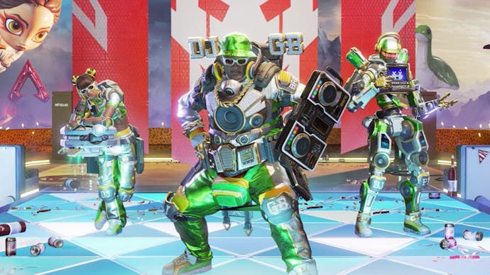 Apex Legends, official Respawn image of Lifeline, Gibraltar, and Pathfinder in special Anniversary Event skins.