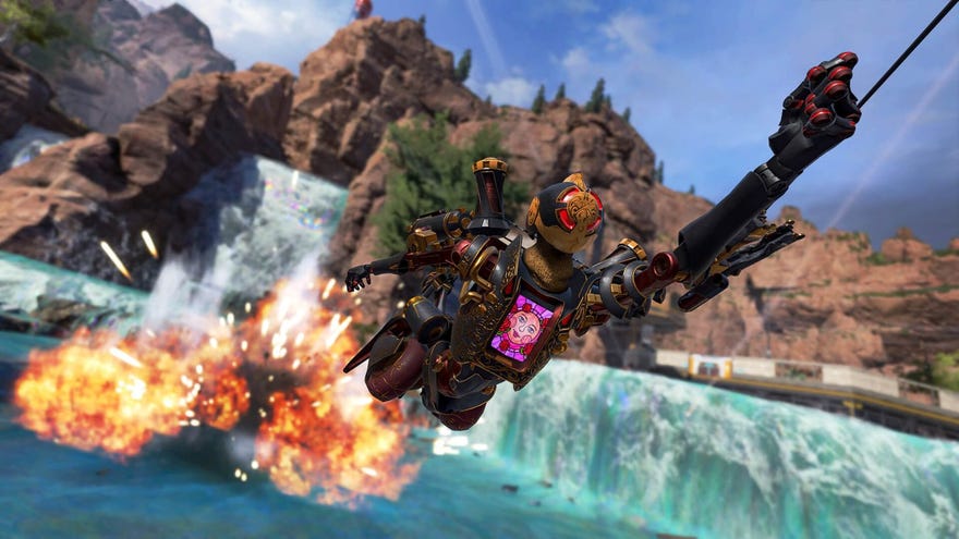 Apex Legends' Pathfinder swinging through the air.