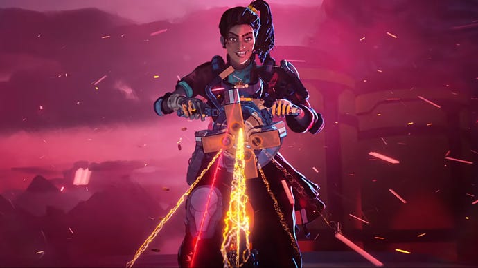 Rampart fires her minigun Sheila towards the camera in Apex Legends.