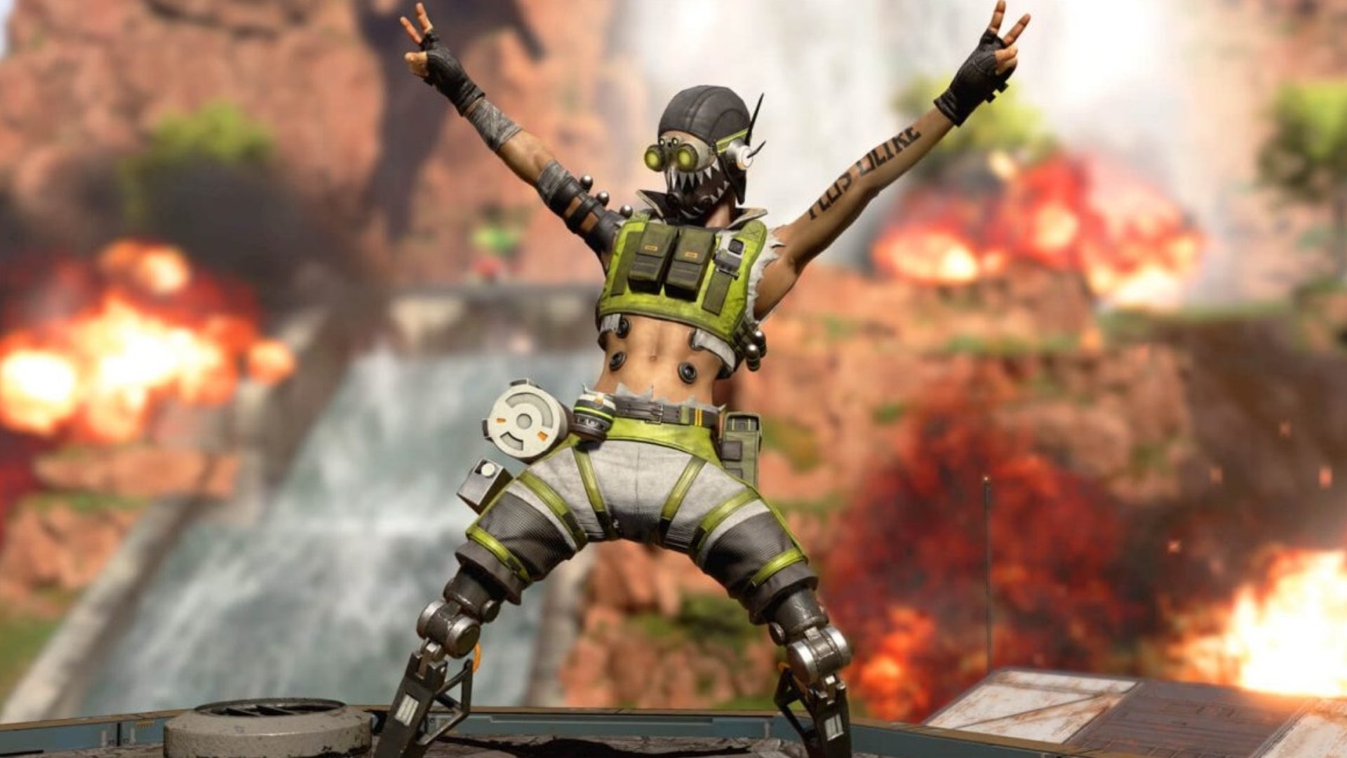 Apex Legends, official Respawn image of an excited Octane holding up two peace signs with his hands.