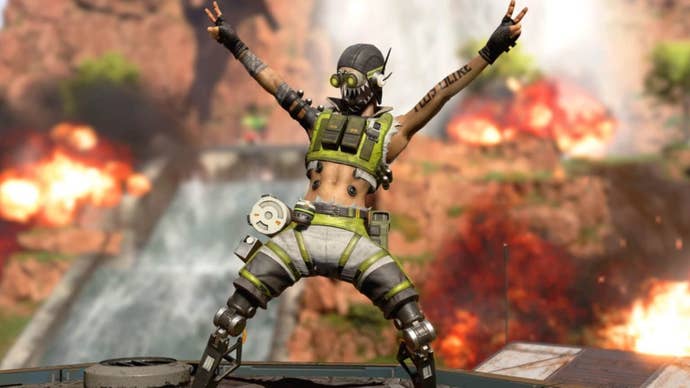 Apex Legends, official Respawn image of an excited Octane holding up two peace signs with his hands.