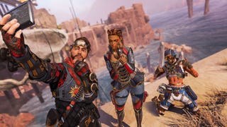 Apex Legends, official Respawn screenshot of Mirage taking a selfie with Loba and Octane in Season 5