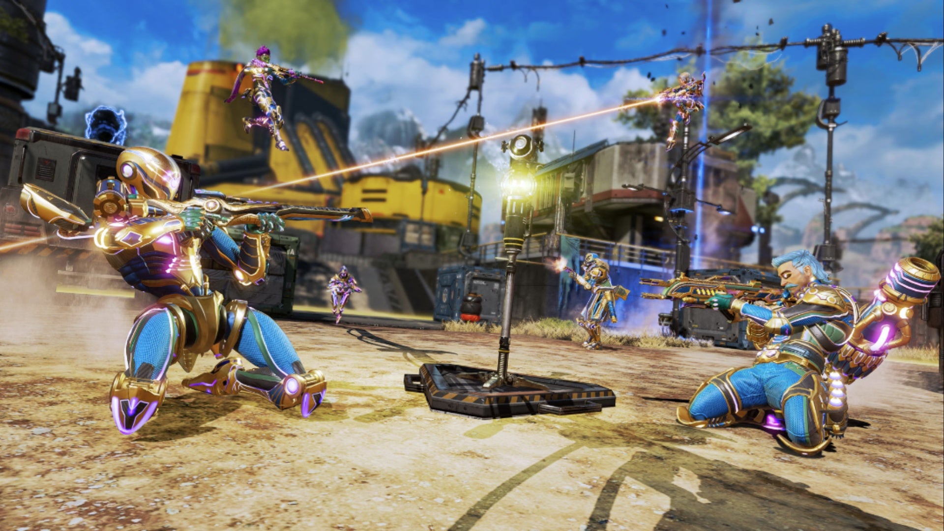 Apex Legends Threat Level Control Mode, two teams of legends are sliding towards each other with their guns out.