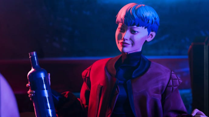 A screenshot from the Apex Legends Northstar video: Valkyrie sits and talks with Kuben Blisk while holding a bottle of alcohol.