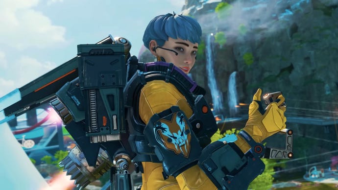Valkyrie looks at the camera while she presses a button on her detonator in Apex Legends.