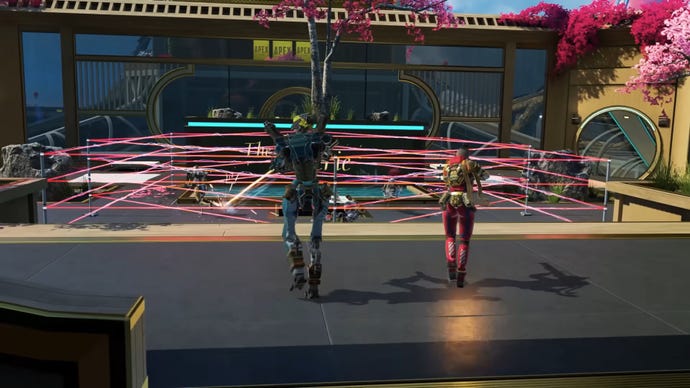 Pathfinder and Wraith shoot at an enemy team contained within various Wattson fences in Apex Legends.