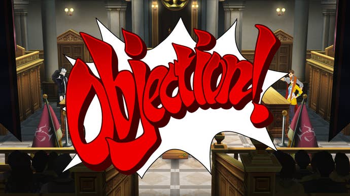 The iconic Ace Attorney "objection" speech bubble, over a courtroom scene where Blackquill, Apollo, and Athena can be seen around the edges.