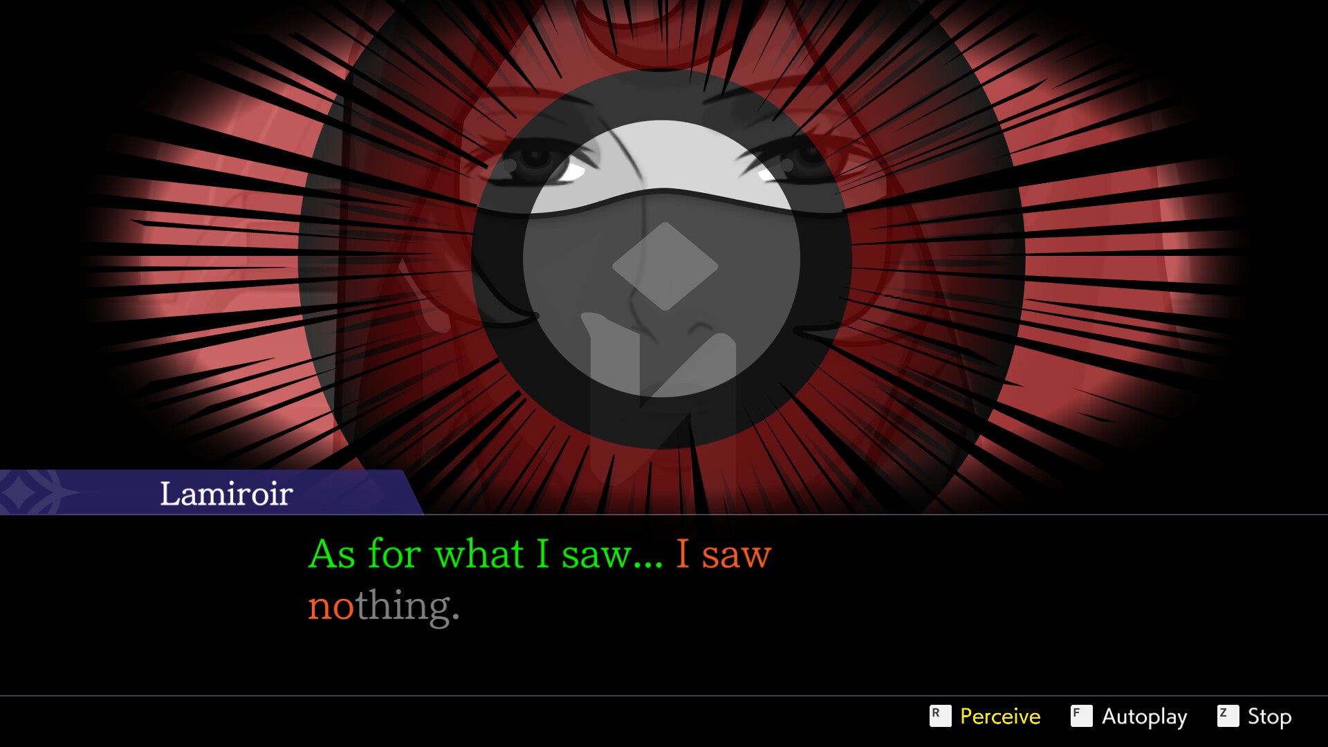 A large, red eye in close-up, with a face just visible in the reflection. Text reads &ldquo;As for what I saw&hellip; I saw nothing!"