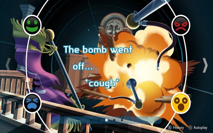 An explosion sets off in a courtroom in the Apollo Justice: Ace Attorney Trilogy