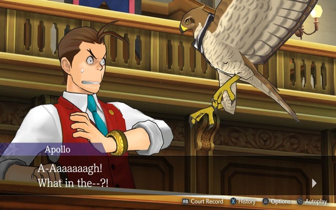 A hawk attacks a defence lawyer in the Apollo Justice: Ace Attorney Trilogy