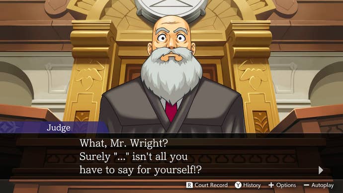 Ace Attorney's unnamed Judge sits at his bench with his usual bewildered expression. Text reads: "What, Mr. Wright? Surely '...' isn't all you have to say for yourself?"