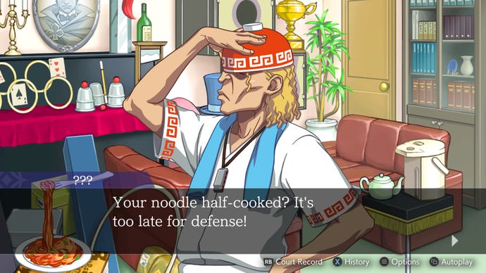 A man with a noodle bowl on his head talks to the player in the Apollo Justice: Ace Attorney Trilogy