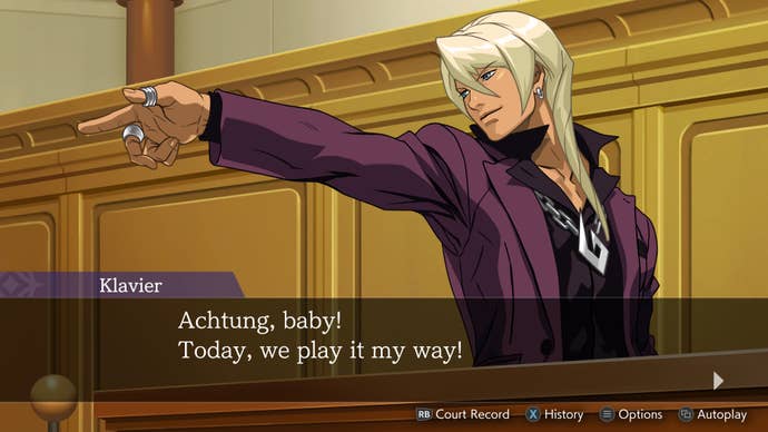A blonde prosecutor in a purple jacket points to the court room in the Apollo Justice: Ace Attorney Trilogy