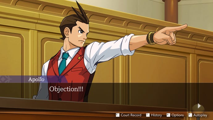 A young defence attorney points to the court room in the Apollo Justice: Ace Attorney Trilogy