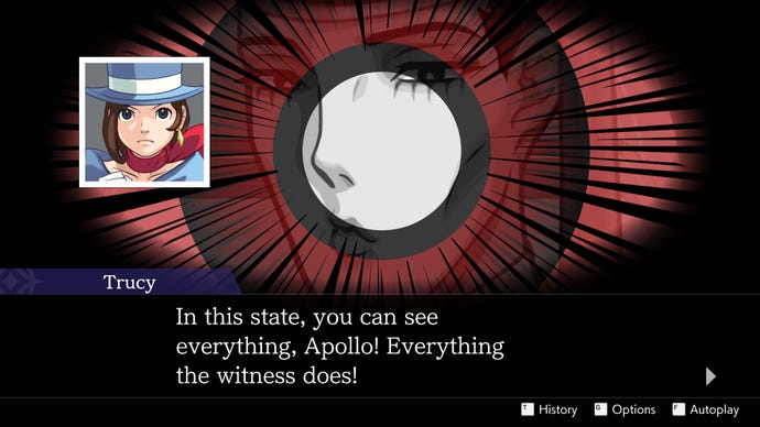 An eye zooms in on a man's face in the Apollo Justice: Ace Attorney Trilogy