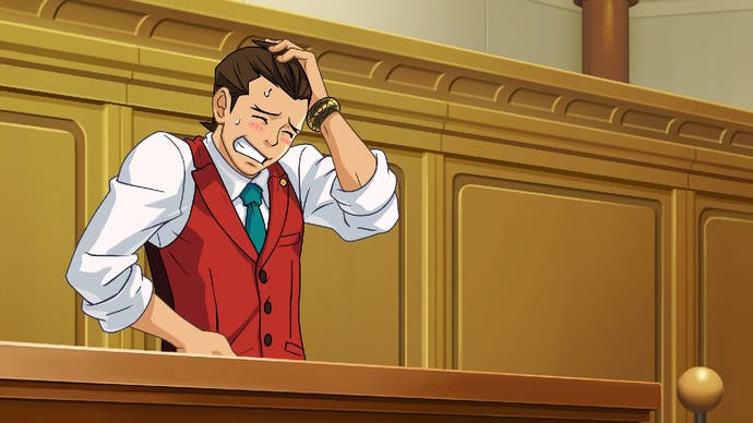 Apollo Justice Trilogy screenshot showing Apollo Justice looking stressed in court