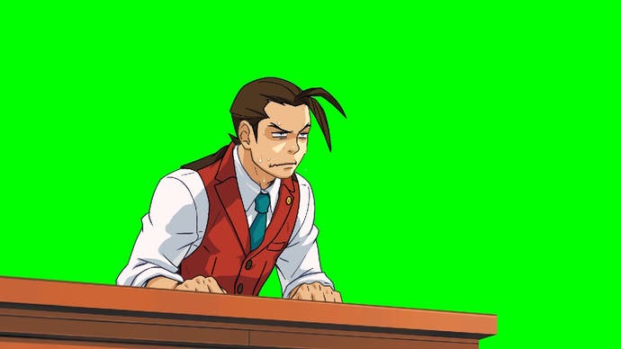 Apollo Justice Trilogy screenshot showing Apollo Justice in court in front of a green screen background