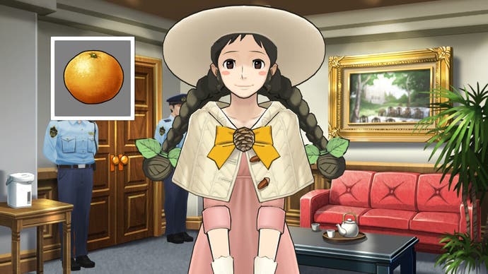 Apollo Justice Trilogy screenshot showing a female character looking to the chamera with the image of an orange