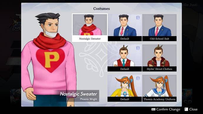 Previously DLC-locked alternate outfits for Phoenix, Apollo, and Athena in the Apollo Justice: Ace Attorney Trilogy.